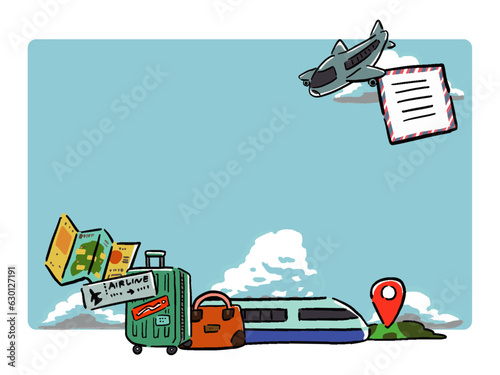 旅行　トラベルの手描き風フレームイラスト　空と雲