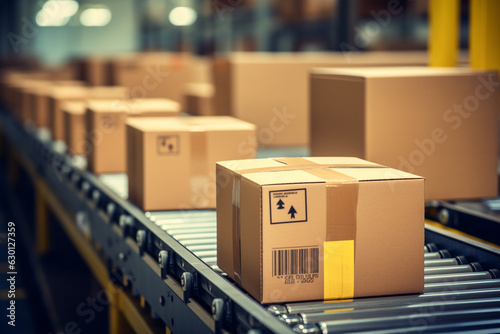 Cardboard boxes on conveyor belt line isolated on white grey background. Distribution warehouse. E-commerce, storage, delivery and packaging service concept. Close up, . High quality photo © Starmarpro