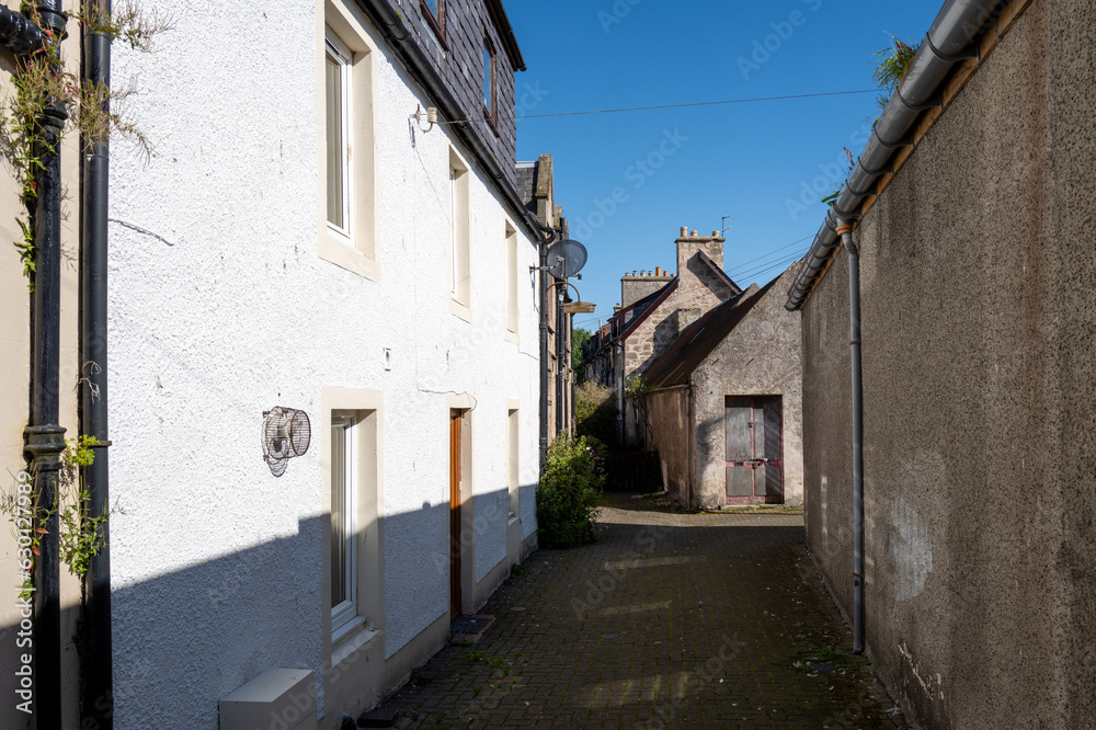 1 August 2023. Nairn,Scotland. This is partly shaded lane leading to some houses from High Street on a sunny summer day