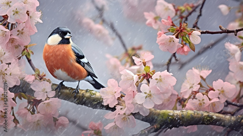 A little bird is sitting on the branch of a blossom flower tree. 