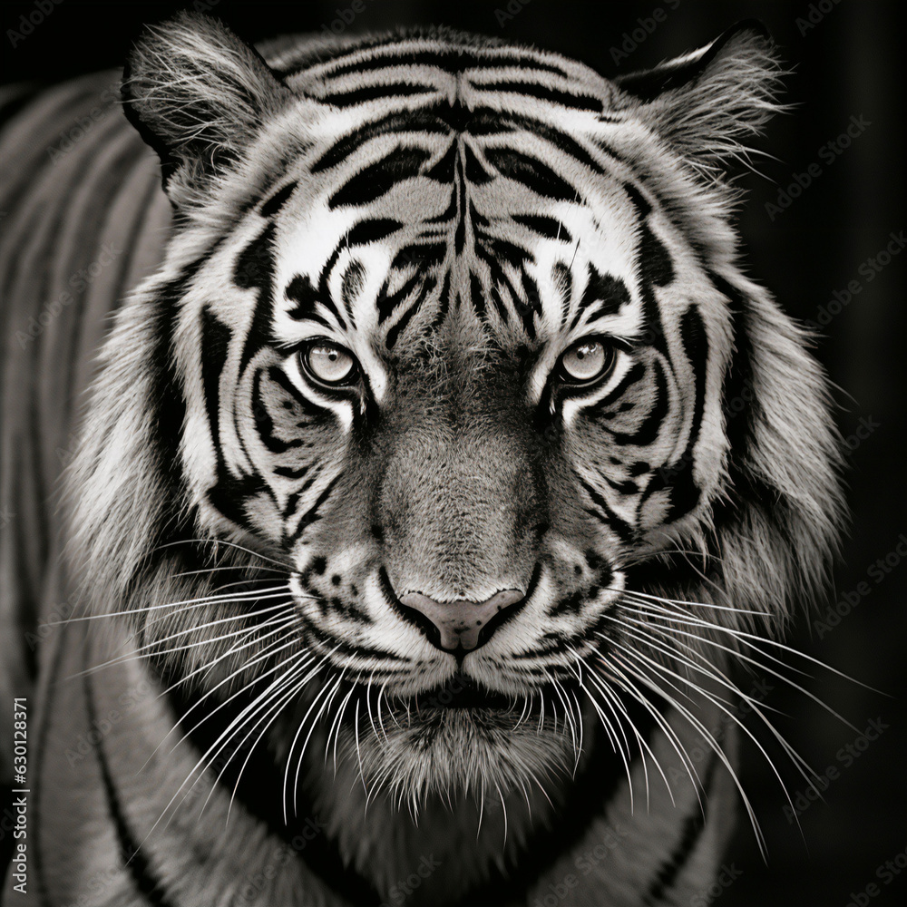 A black and white image of a tigers face looking right at you with a menacing stare with a shadow type background. A black and white image of a tigers face looking right at you with a menacing stare with a shadow type background.