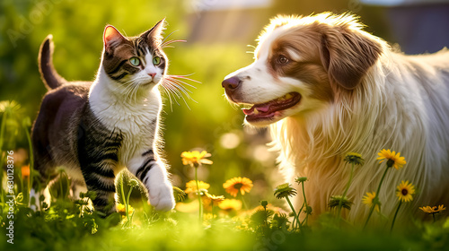 animal friends, a cat and a dog on a flower meadow near the village, made with Generative AI