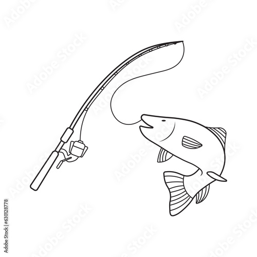 Hand drawn Kids drawing Cartoon Vector illustration fish and fishing rod icon Isolated on White Background