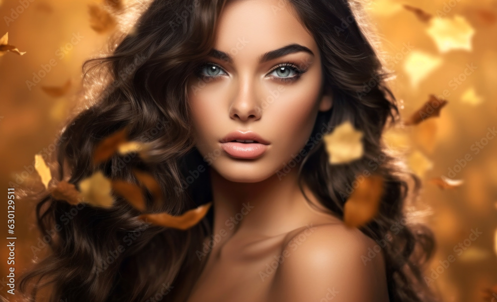 Beautiful girl with falling autumn leaves on blurred nature background ...