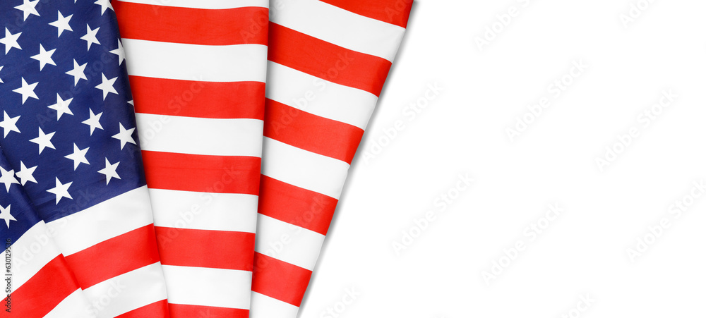 American flag on a white background, top view, copy space. Symbol of independence, patriotism. American flag on a white background, top view, copy space. Symbol of independence, patriotism.