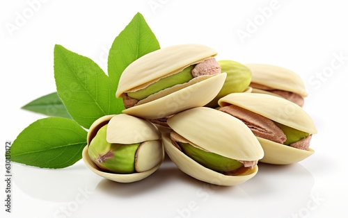 Close-up of Pistachio nuts with leaves isolated on a white background