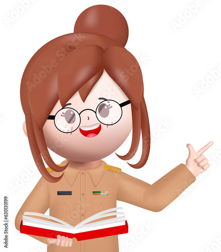3D cute teacher woman teaching student with a book standing at blackboard. Vector in 3d rendering style.