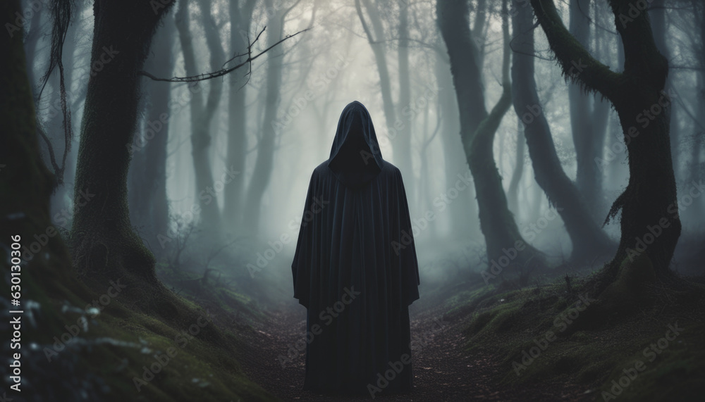 A scary dark hooded figure in forest