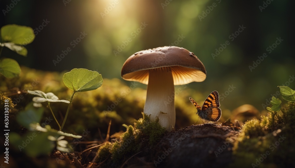 A butterfly resting next to a mushroom A butterfly resting next to a mushroom