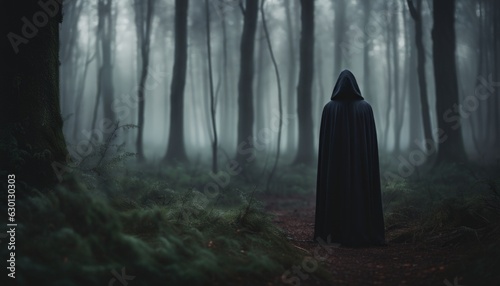 A scary dark hooded figure in a misty forest