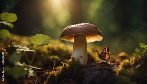 A butterfly resting next to a mushroom
