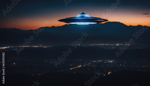 Unidentified Flying Object  UFO  flying over a city at night