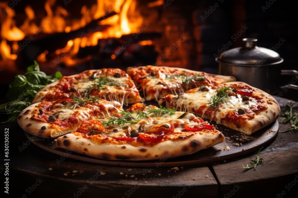 Delicious Italian pizza served on rustic wooden board. Hot fresh pizza pulled out of the wooden oven after baked. Generative AI