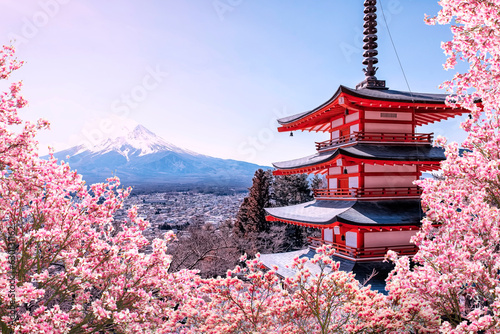 A famous place in Japan with the Chureito Pagoda and Mount Fuji during the spring	