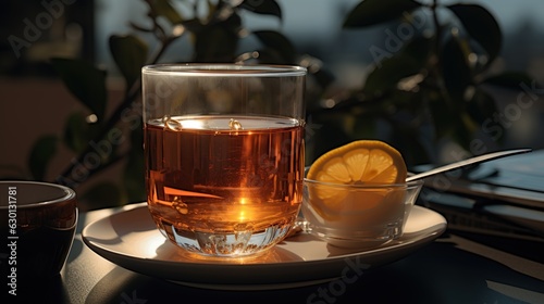 An iced tea served in a cup, featuring an intense interplay of light and shadow