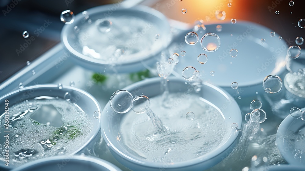 Dishes and bowls in water and bubbles of dishwashing Dishes and bowls in water and bubbles of dishwashing