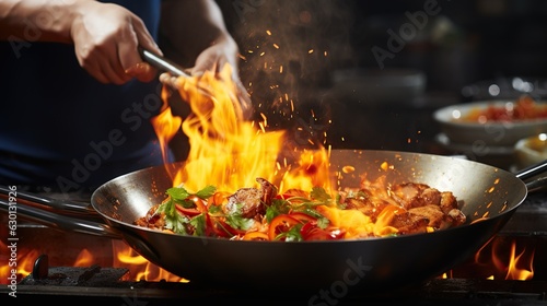 a person mixing food in a wok with flames