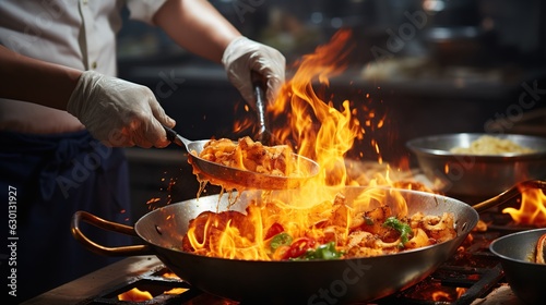 a person mixing food in a wok with flames