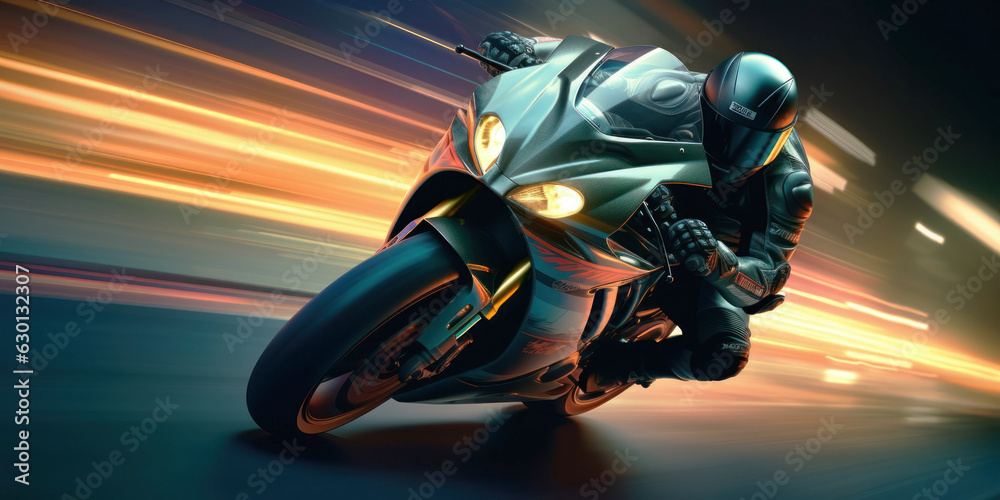Man on a motorbike at high speed leaning in the curve. Racing sport. Motogp championship. Silhouette on road on a moto competing for championship. Circuit track Background poster