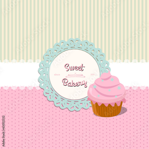 Delicious cupcake with pink buttercream and lace background in vector