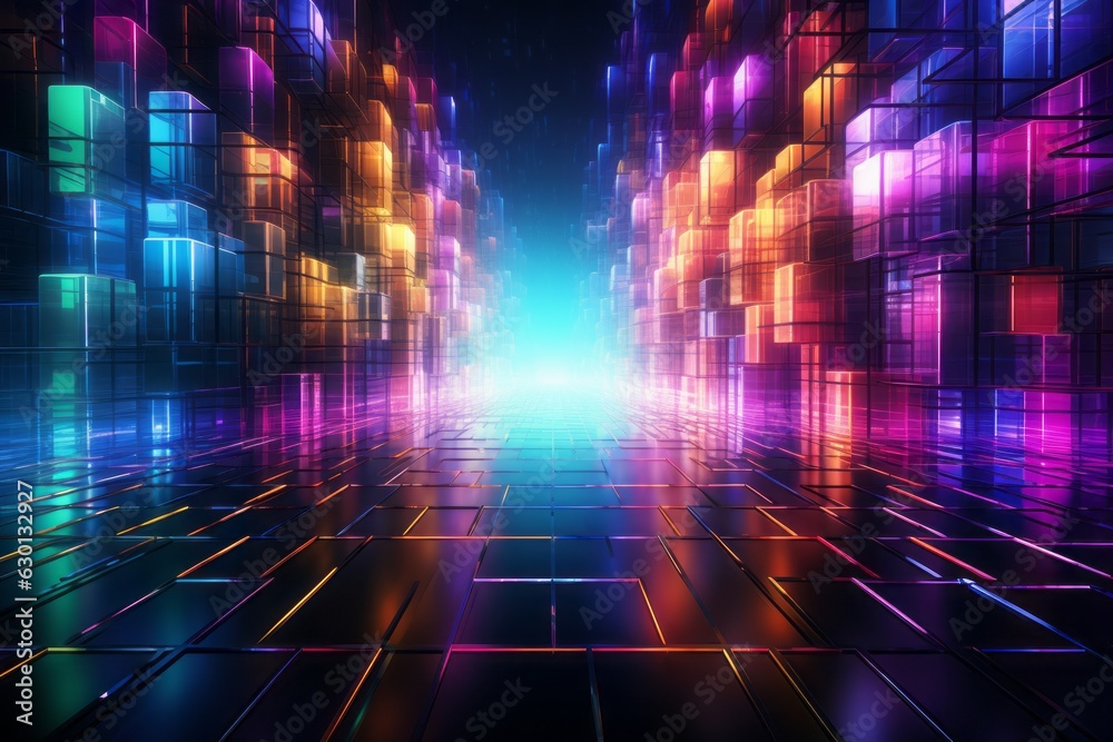 An abstract futuristic background with vibrant neon-colored lines and grids, resembling a digital matrix, perfect for tech-related designs and sci-fi concepts. Generative Ai