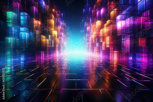 An abstract futuristic background with vibrant neon-colored lines and grids, resembling a digital matrix, perfect for tech-related designs and sci-fi concepts. Generative Ai