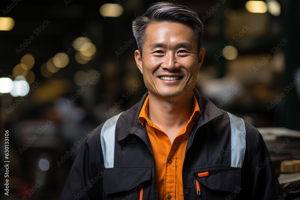 Fototapeta premium Asian male EHS manager in a manufacturing environment. Business. industry. factory. company. AI generated hyper realistic illustration