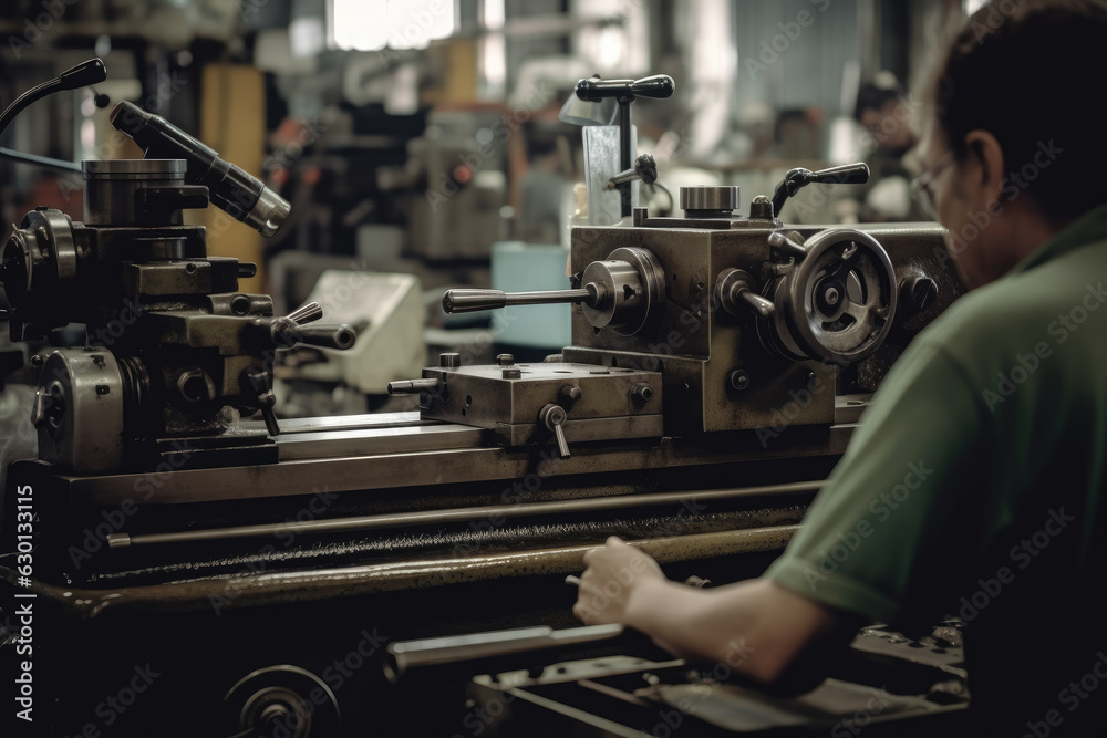 Close-up of a lathe machine in a workshop, with a blurred background of workers busy at their stations Close-up of a lathe machine in a workshop, with a blurred background of workers busy at their stations