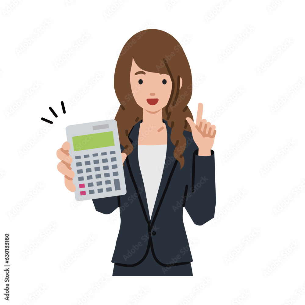 立って電卓を持ってこちらに向けて見せているスーツの女性 立って電卓を持ってこちらに向けて見せているスーツの女性