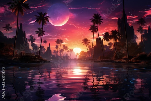 An abstract illustration of oasis-themed background with neon palm trees and a glowing night sky, creating a surreal and dreamy atmosphere for travel content. Generative Ai