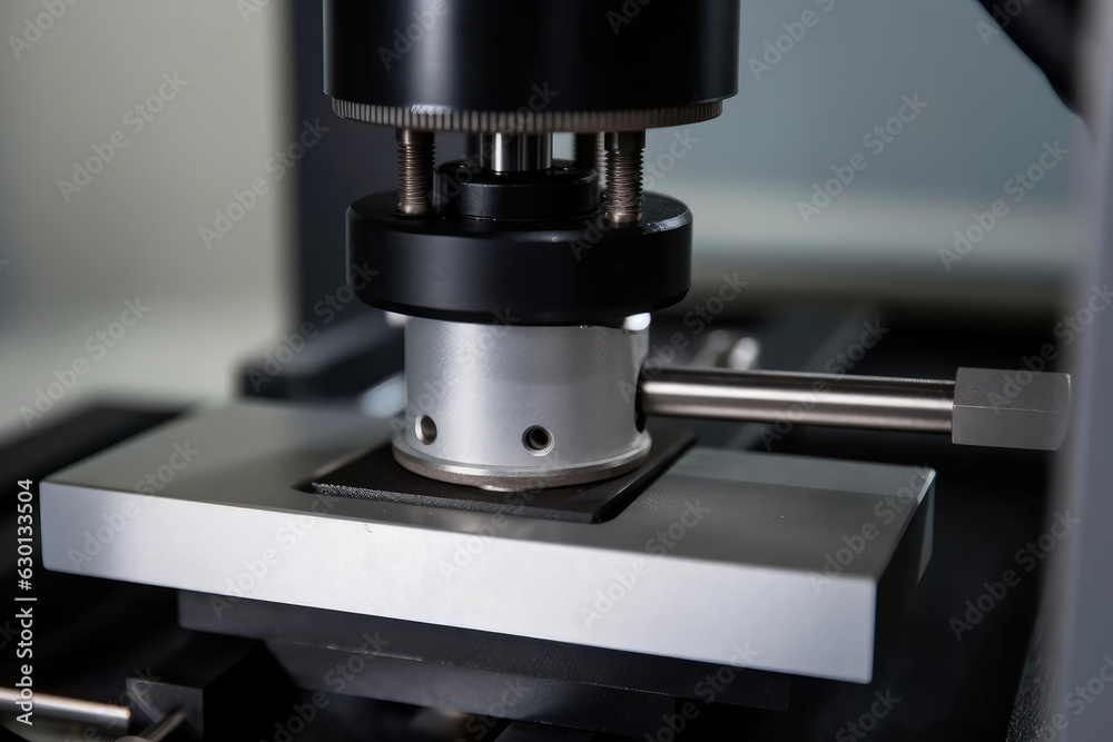 Close-up of a tensile testing machine's load cell measuring the force required to break a metal sample during analysis Close-up of a tensile testing machine's load cell measuring the force required to break a metal sample during analysis