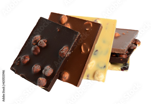 Different types chocolate isolated on transparent background. Cut out dark, white, milk chocolate with whole nuts png. Mixed pieces. Element for sweets shop advertising, candy packaging layout design