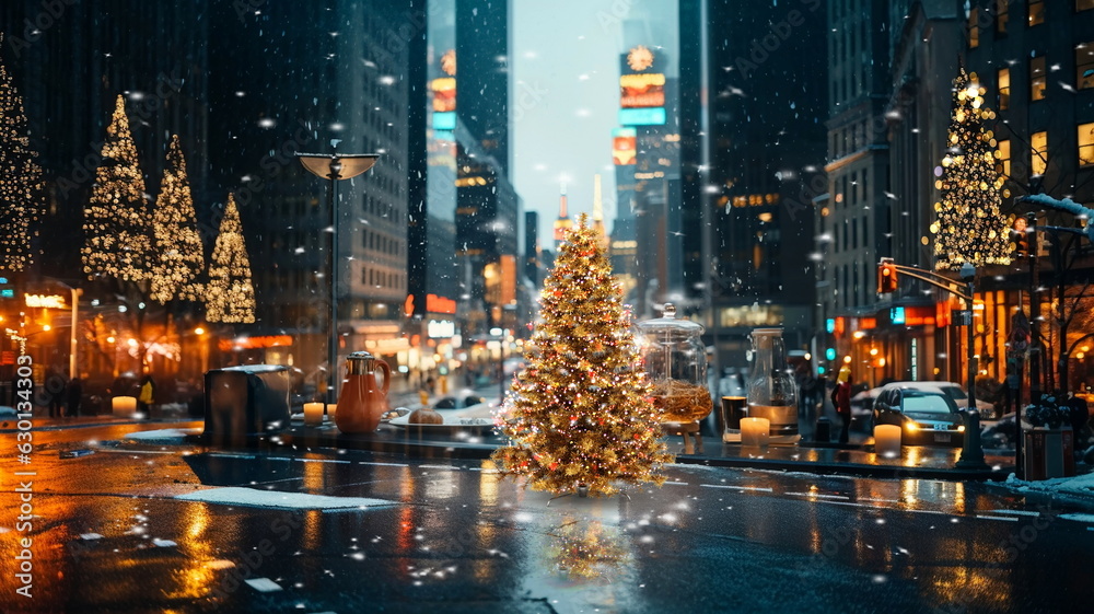 Fototapeta premium Christmas tree on festive city street in New York urban life ,people walk ,car traffic light view from street cafe windows glass reflection on vitrines 