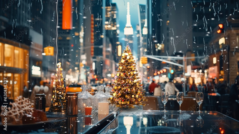 Fototapeta premium Christmas tree on festive city street in New York urban life ,people walk ,car traffic light view from street cafe windows glass reflection on vitrines 