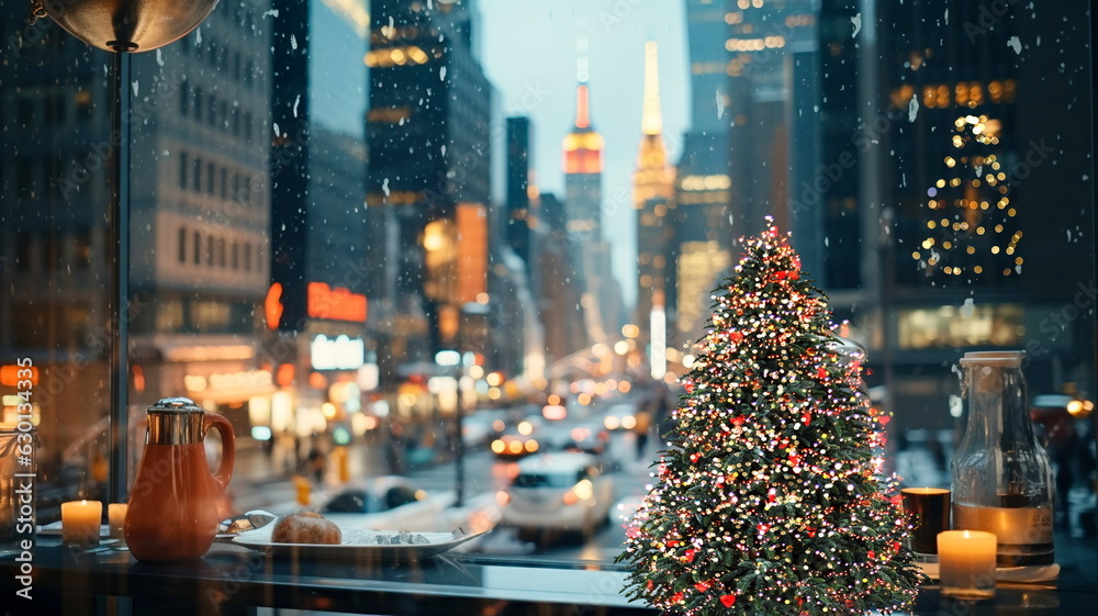 Fototapeta premium Christmas tree on festive city street in New York urban life ,people walk ,car traffic light view from street cafe windows glass reflection on vitrines 