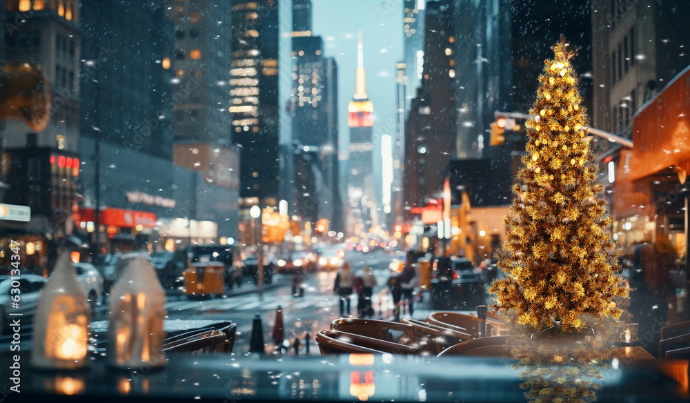  Christmas tree on festive  city street in New York urban life ,people walk ,car traffic light  view from street cafe windows glass reflection on vitrines 