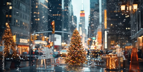  Christmas tree on festive  city street in New York urban life ,people walk ,car traffic light  view from street cafe windows glass reflection on vitrines  photo