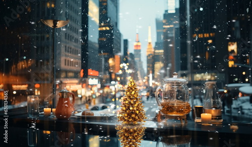  Christmas tree on festive  city street in New York urban life ,people walk ,car traffic light  view from street cafe windows glass reflection on vitrines  photo