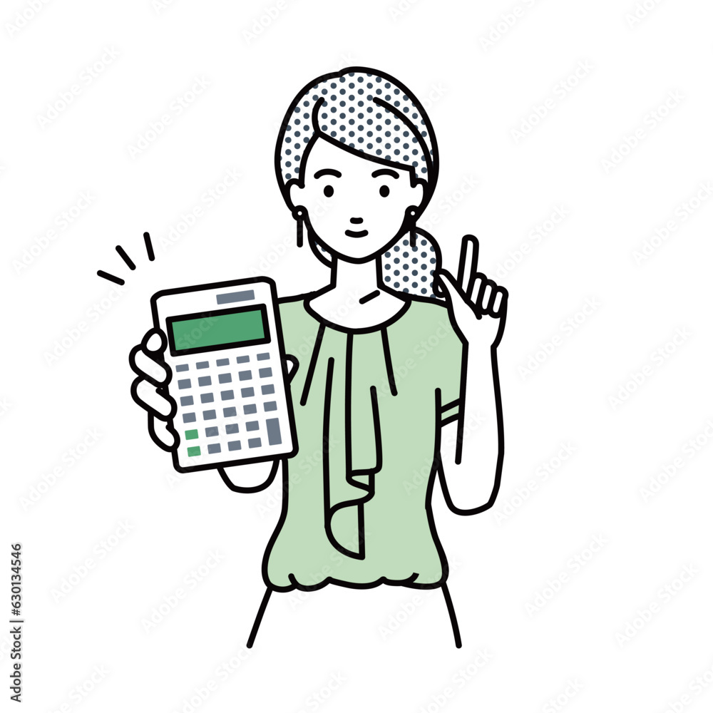a woman in casual work style recommending, proposing, showing estimates and pointing a calculator with a smile a woman in casual work style recommending, proposing, showing estimates and pointing a calculator with a smile