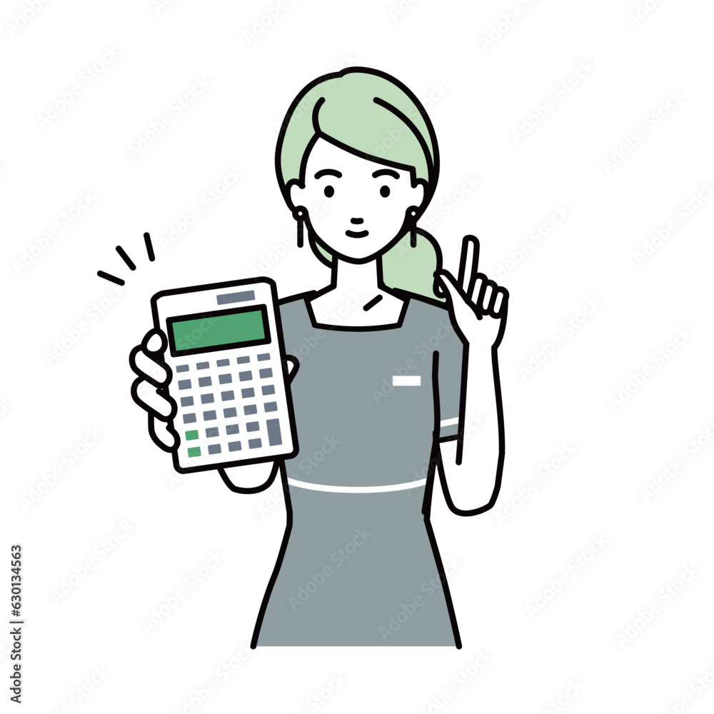 an esthetician, receptionist woman recommending, proposing, showing estimates and pointing a calculator with a smile an esthetician, receptionist woman recommending, proposing, showing estimates and pointing a calculator with a smile