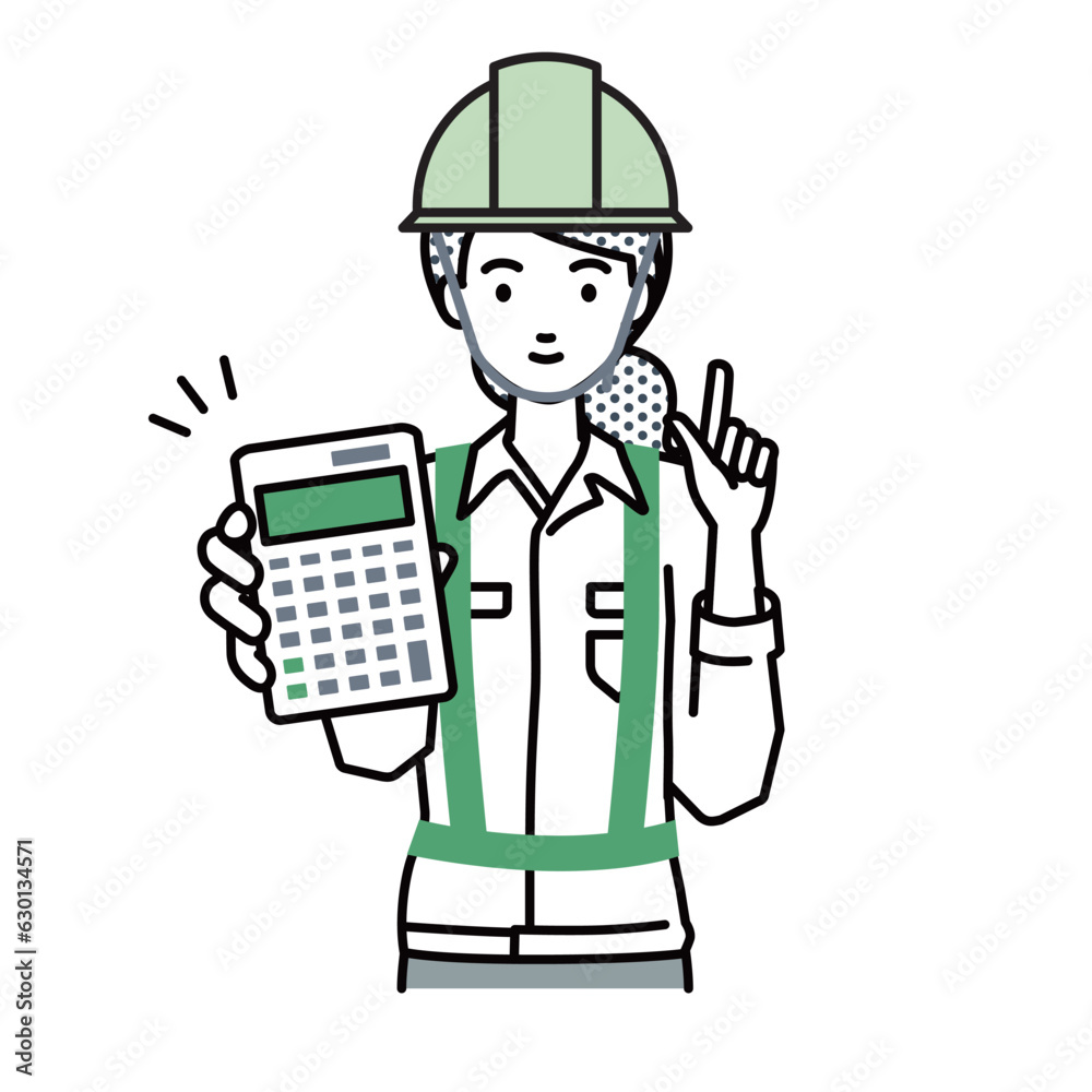 a woman working at construction sites recommending, proposing, showing estimates and pointing a calculator with a smile