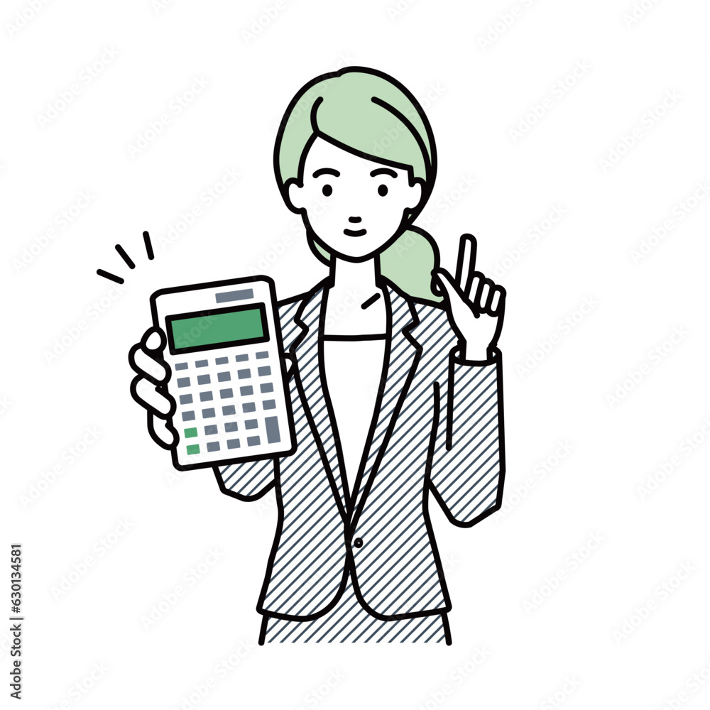 a woman in business suit style recommending, proposing, showing estimates and pointing a calculator with a smile