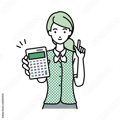 a woman in clerical uniform recommending, proposing, showing estimates and pointing a calculator with a smile