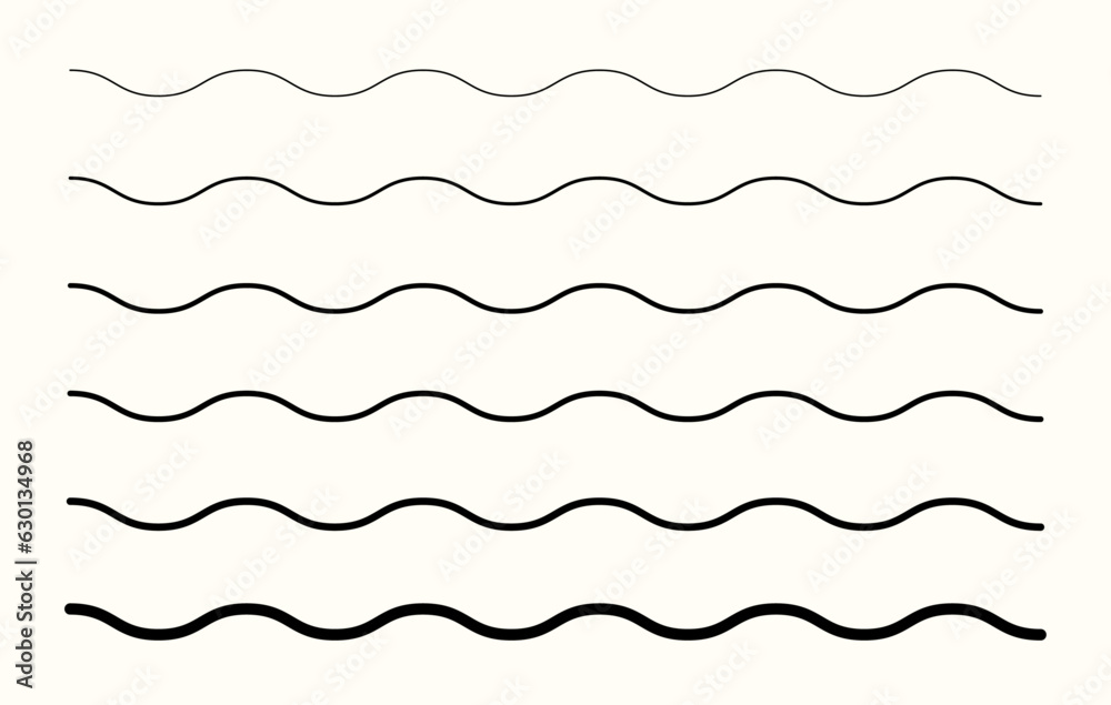 Wave zigzag line from thin to thick. Ripple, Curve or Wiggly Separator. Perfect for border design, beach waves and other design element. Wave zigzag line from thin to thick. Ripple, Curve or Wiggly Separator. Perfect for border design, beach waves and other design element.