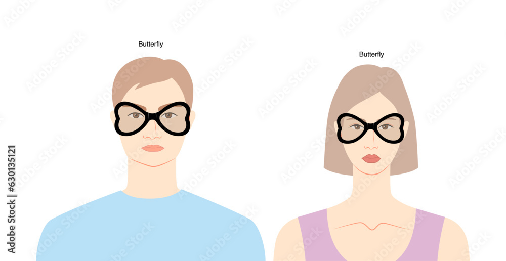 Butterfly frame glasses on women and men flat character fashion accessory illustration. Sunglass front view unisex silhouette style, rim spectacles eyeglasses, sketch style outline isolated on white