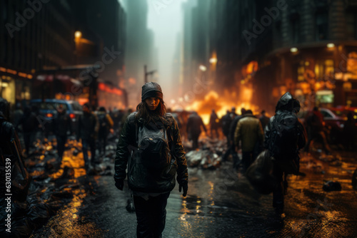 People navigating through a heavy downpour in a bustling city, depicting the contrast between nature's fury and human resilience. Generative AI