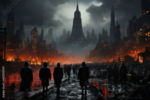 People navigating through a heavy downpour in a bustling city, depicting the contrast between nature's fury and human resilience. Generative AI
