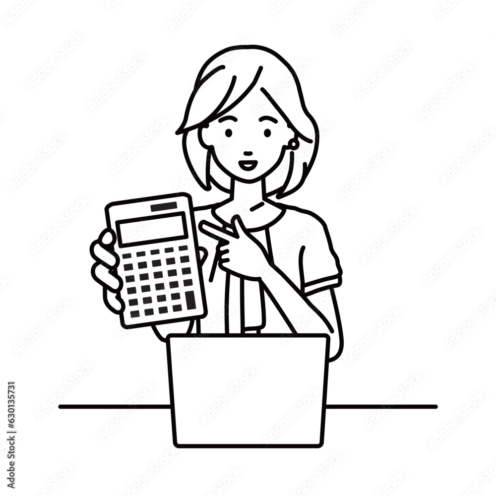 a woman in casual work style recommending, proposing, showing estimates and pointing a calculator with a smile in front of laptop pc a woman in casual work style recommending, proposing, showing estimates and pointing a calculator with a smile in front of laptop pc