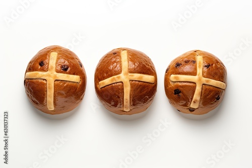 Top view of freshly baked hot cross buns on white backgroud. Generative AI photo