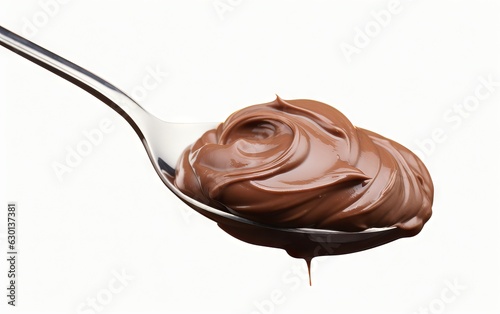 Spoon of melted chocolate hazelnut cream isolated on a white background